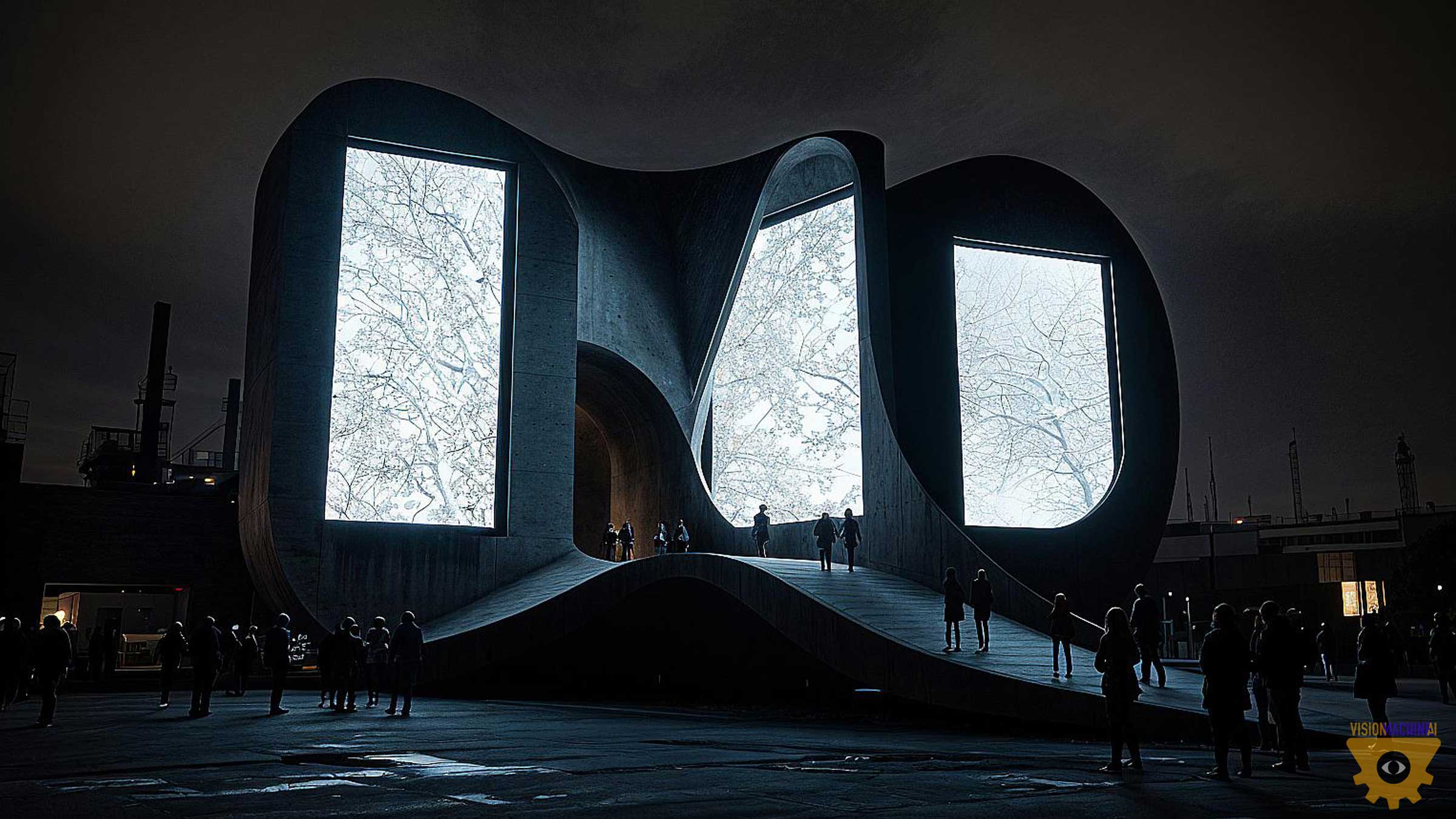 White Noise — luminous concrete arches at night