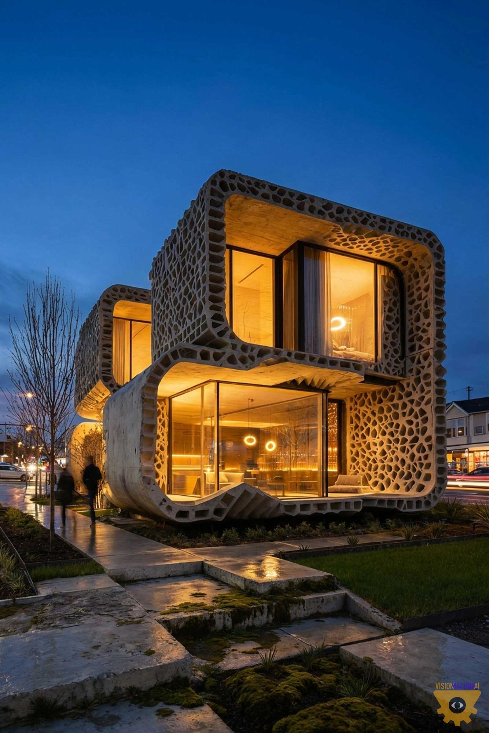 The Printhouse — robotically shotcrete-printed cellular concrete house with living moss facade