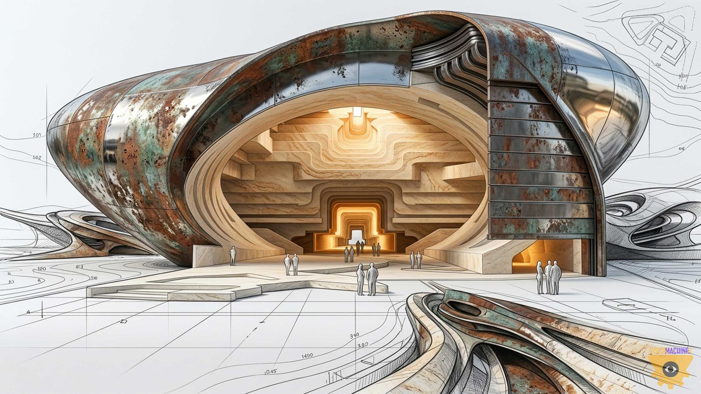 The Shell — oxidized steel exhibition pavilion with organic timber interior