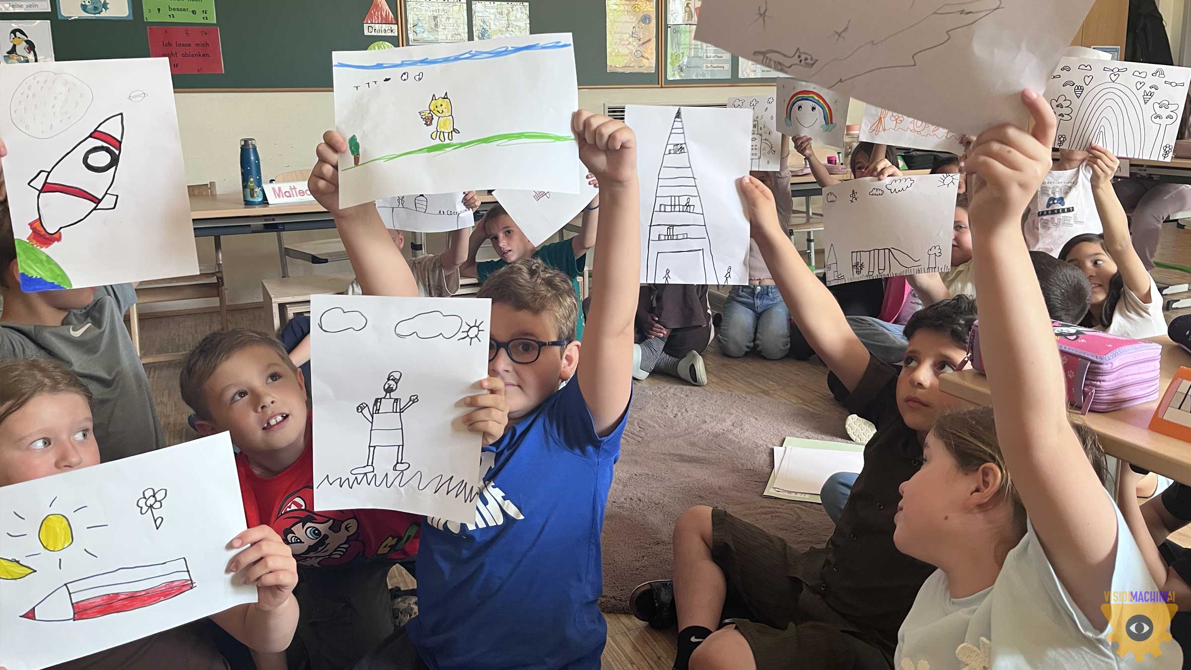 Kids Dream AI workshop — children sketching imagined castles in a classroom